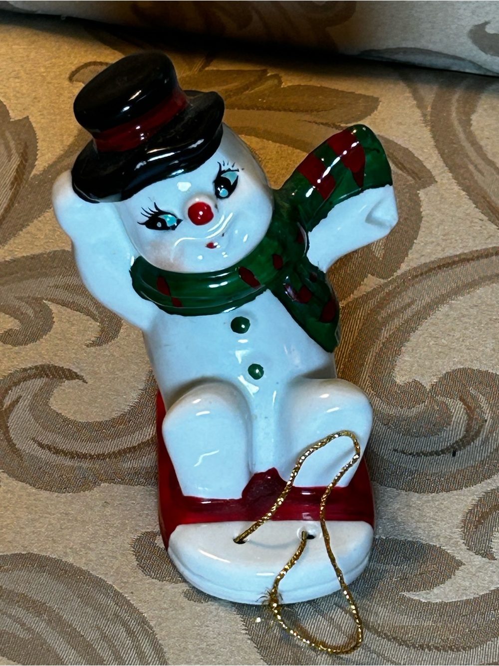 Vintage Ceramic Handpainted Snowman Sled Holiday Christmas Home Decor Hat Scarf
